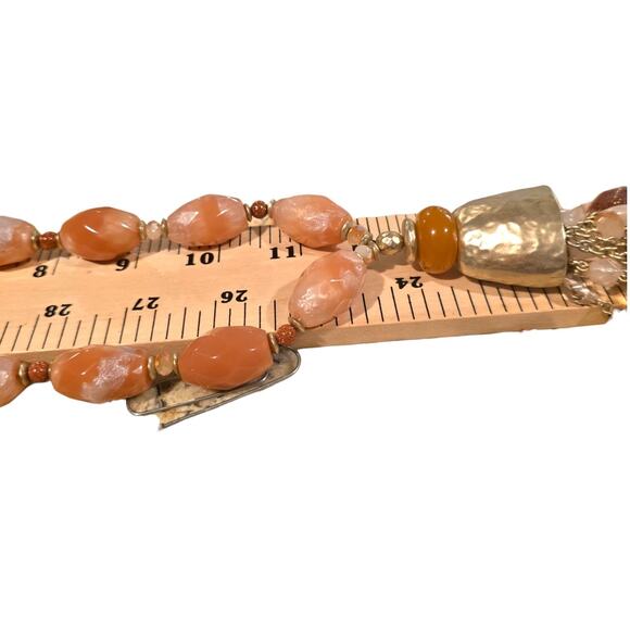Chico's Statement Necklace Long Tassel Pendant Gold Tone Mixed Bead Peach Coral - Picture 8 of 12